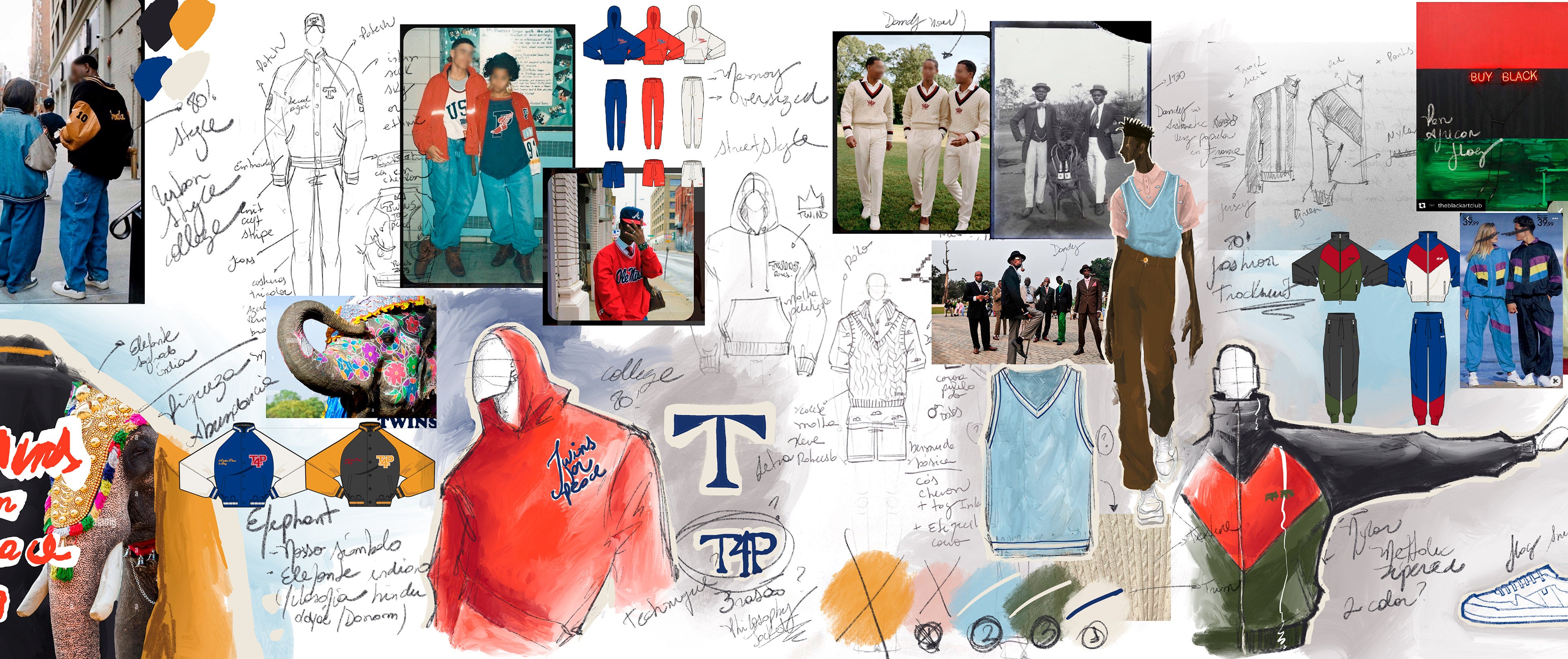 A background image showing sketches and renderings of garments.